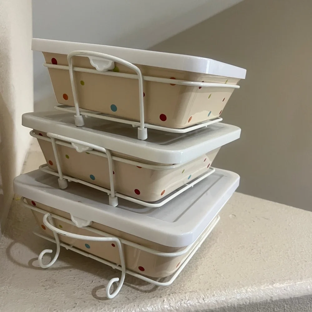 Rare 3 Set Polka Dots Temp-tations Casserole Ovenware Dishes & Rack‎